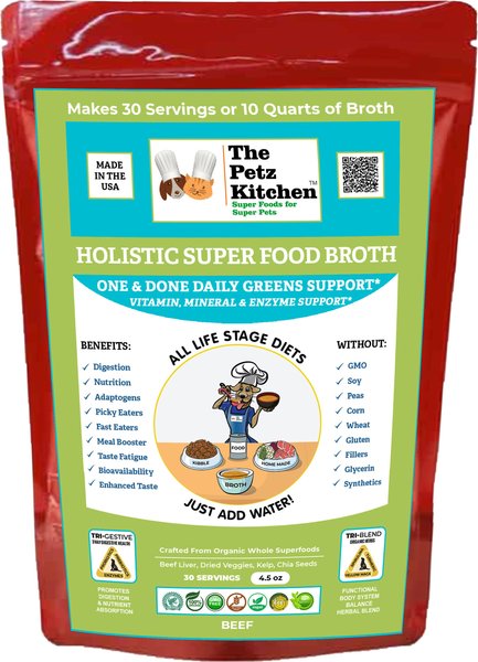 The Petz Kitchen Holistic Super Food Broth One and Done Daily Greens Support Beef Flavor Concentrate Powder Dog and Cat Supplement， 4.5-oz bag