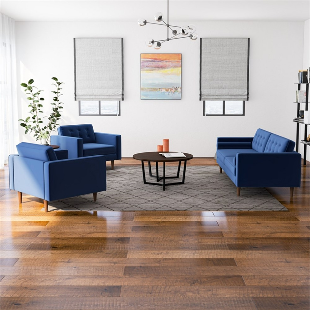 Mase 3 Piece Mid Century Velvet Sofa and 2 Lounge Chairs Set in Blue   Midcentury   Living Room Furniture Sets   by Homesquare  Houzz