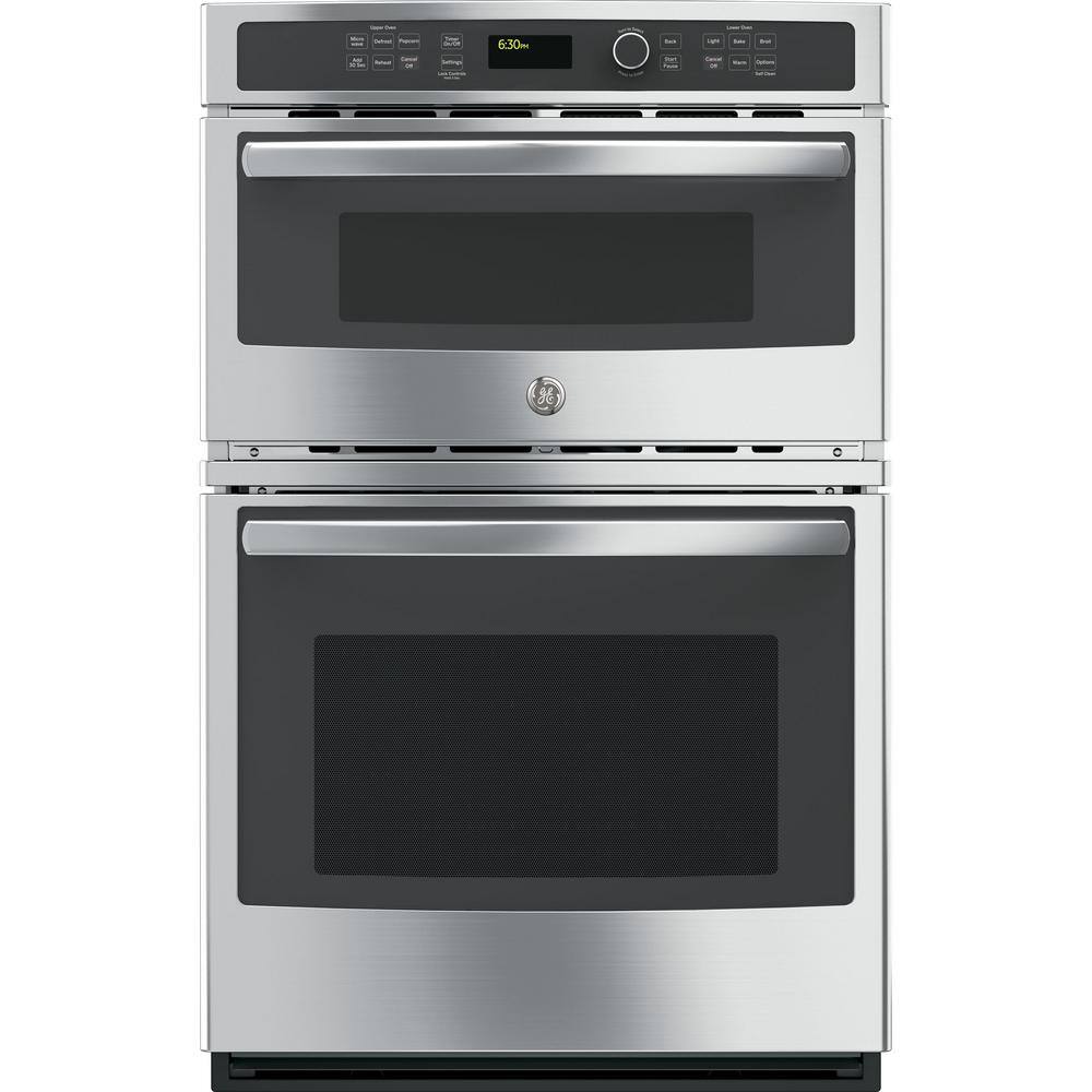 GE 27 in. Double Electric Wall Oven with Built-In Microwave in Stainless Steel JK3800SHSS