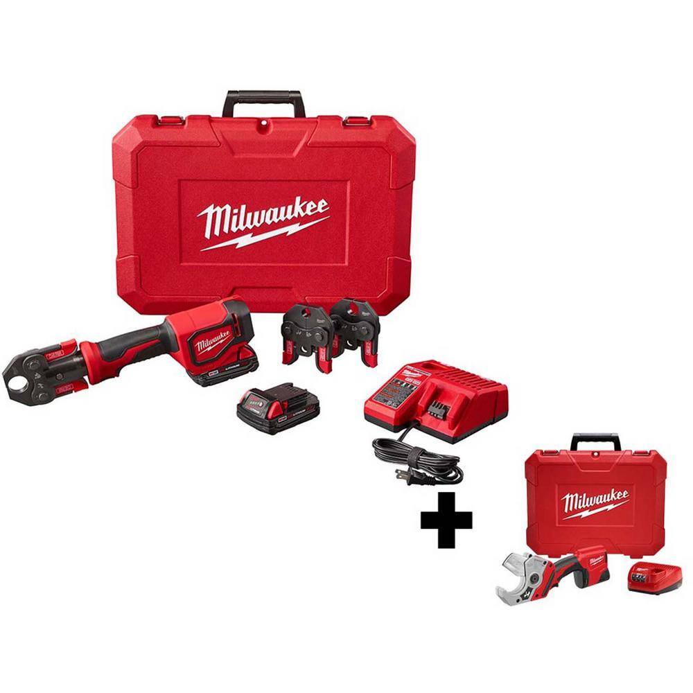 MW M18 18- volt Lithium-Ion Cordless Short Throw Press Tool Kit with 3 PEX Crimp Jaws with M12 PVC Shear Kit 2674-22C-2470-21