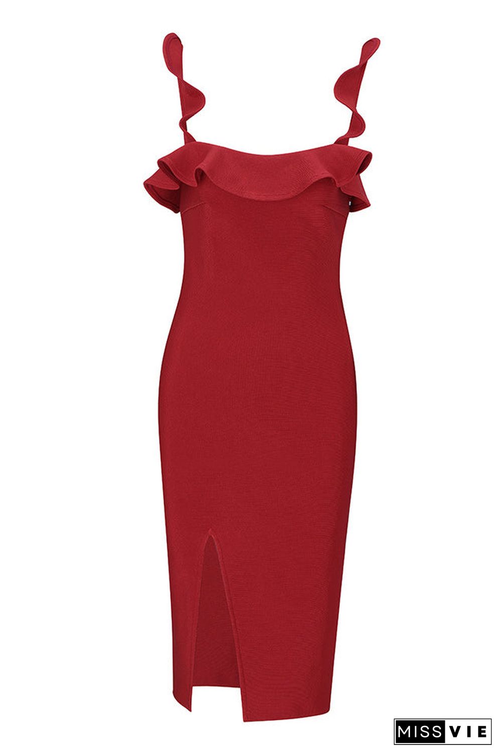 Red Flounce Sleeveless Slit Bodycon Dress