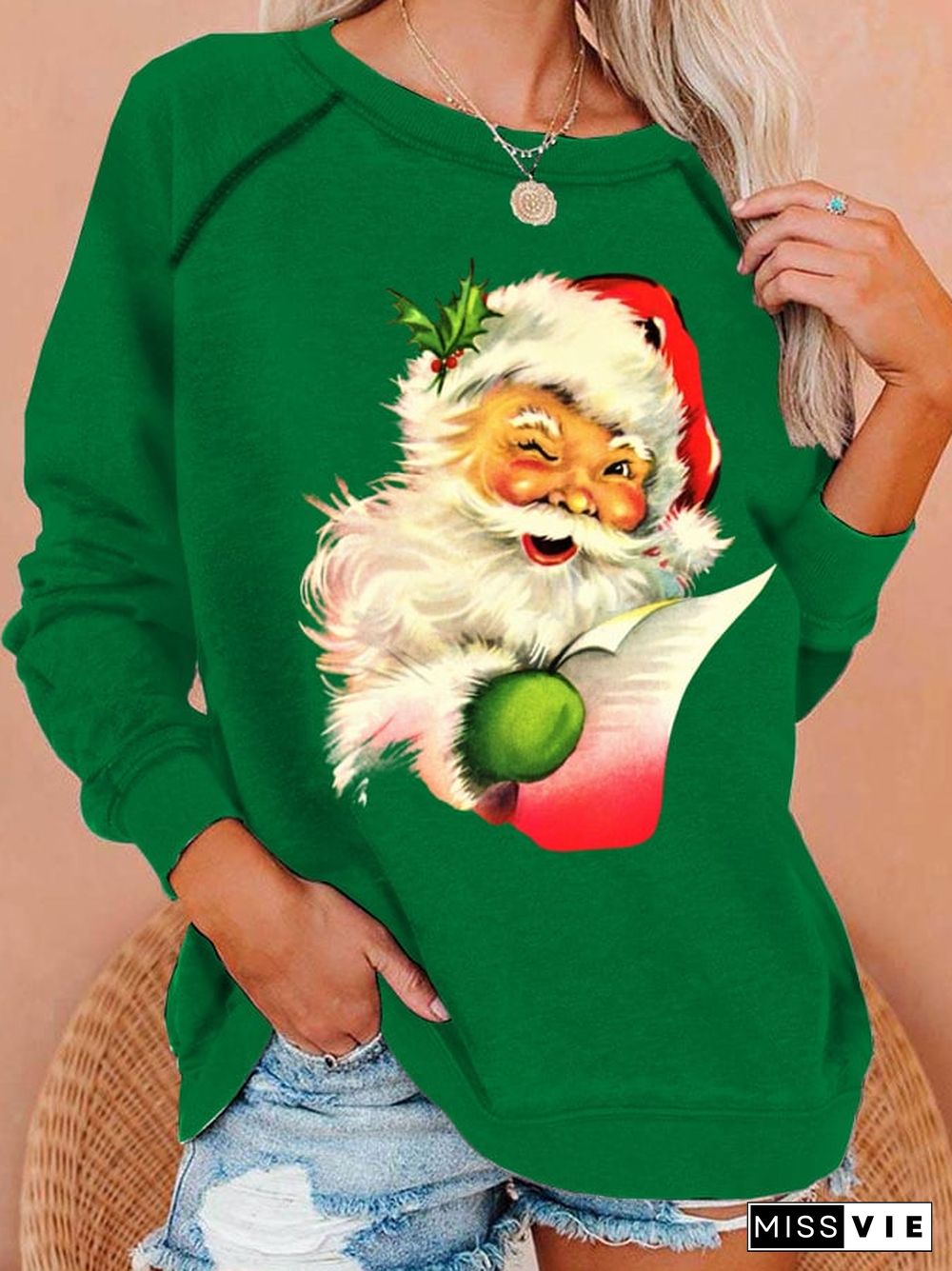 Women'S Santa Claus Print Crew Neck Sweatshirt