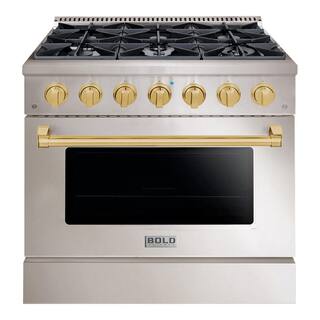 Hallman BOLD 36 in. 5.2 Cu. ft. 6 Burner Freestanding All Gas Range with Gas Stove and Gas Oven Stainless steel with Brass Trim HBRG36BSSS