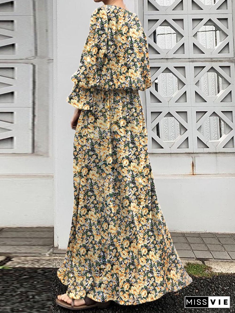 Floral Print Slit Long Bell Sleeve Crew Neck Maxi Dress