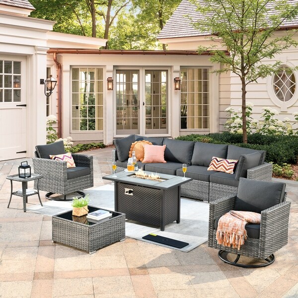 XIZZI 9 Pieces Patio Wicker Furniture Swivel Rocker with Firepit Table