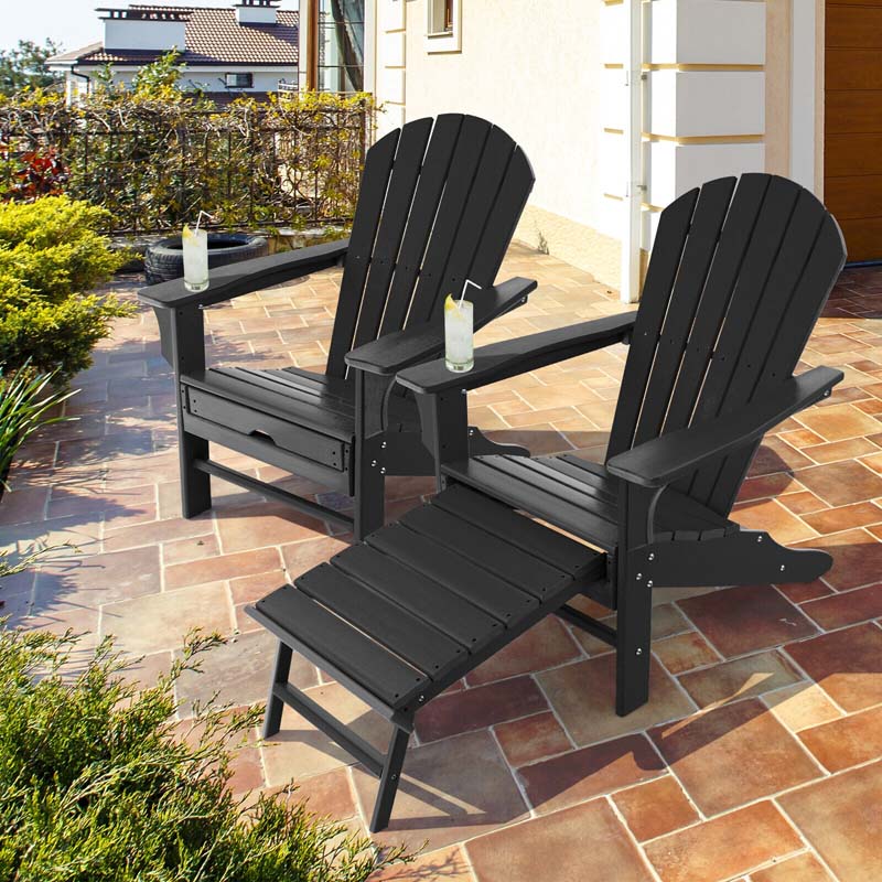 HDPE Adirondack Chair with Retractable Ottoman, Outdoor Chaise Lounge Chair for Lawn Pool Deck