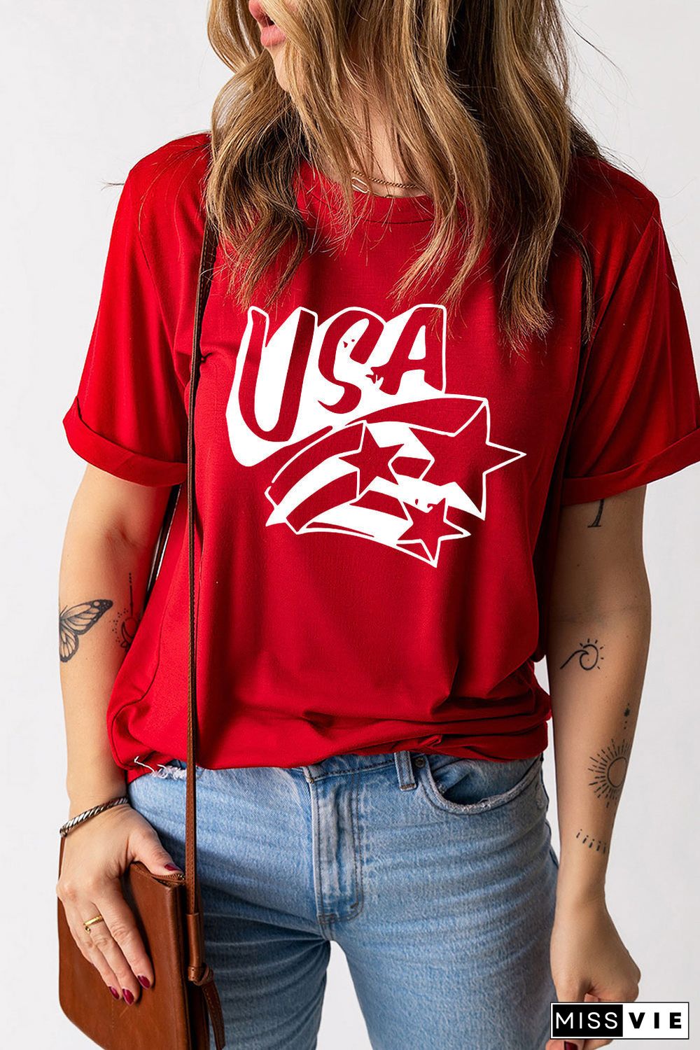 Red USA Stars Graphic Vintage Tee