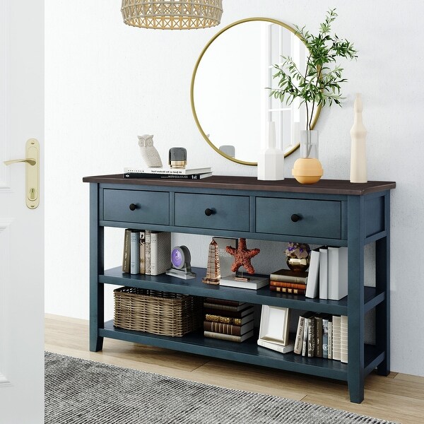 Mid-Century Style Console Table with 3 Drawers 2 Open Shelves， Modern Sofa Table with Solid Wood Frame and Legs for Living Room