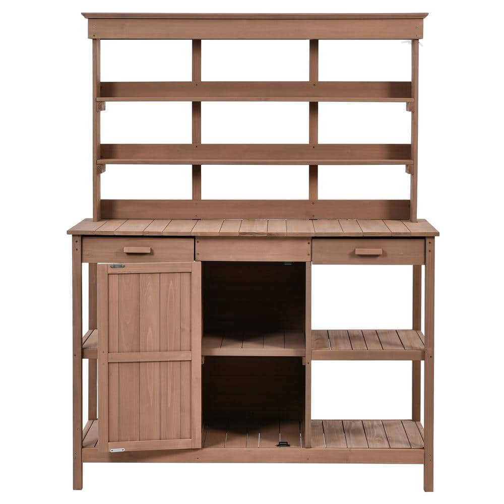 53.74 in. W x 9.25 in. H Garden Potting Bench Table w2 Drawers Cabinet and Open Shelves Brown jh-50