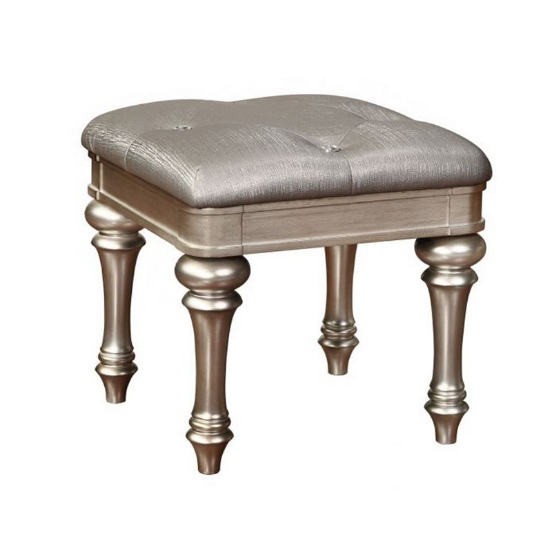 Wooden Vanity Stool with Turned Legs and Leatherette Upholstered Seat， Silver