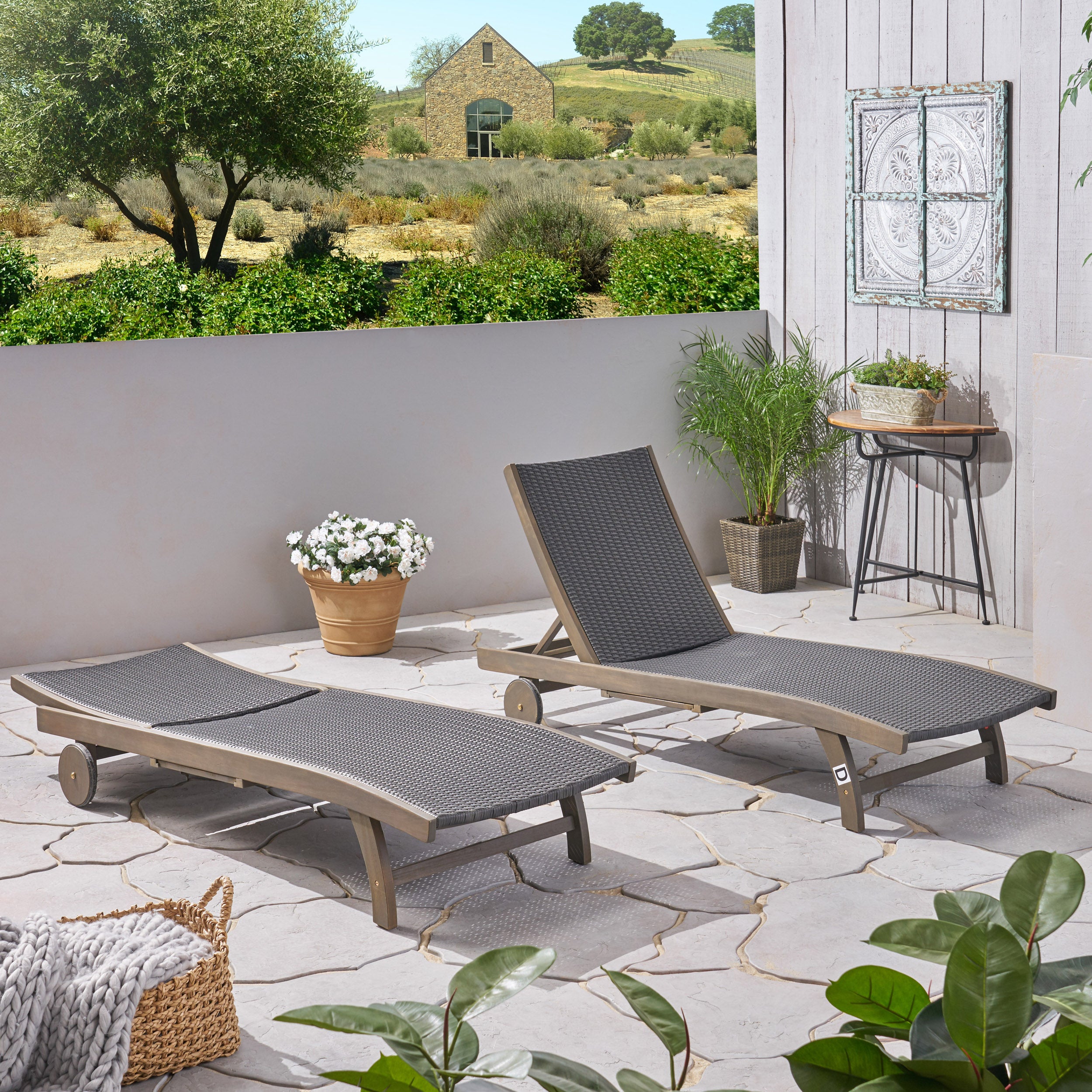 Yedda Outdoor Wicker and Wood Chaise Lounge with Pull-Out Tray