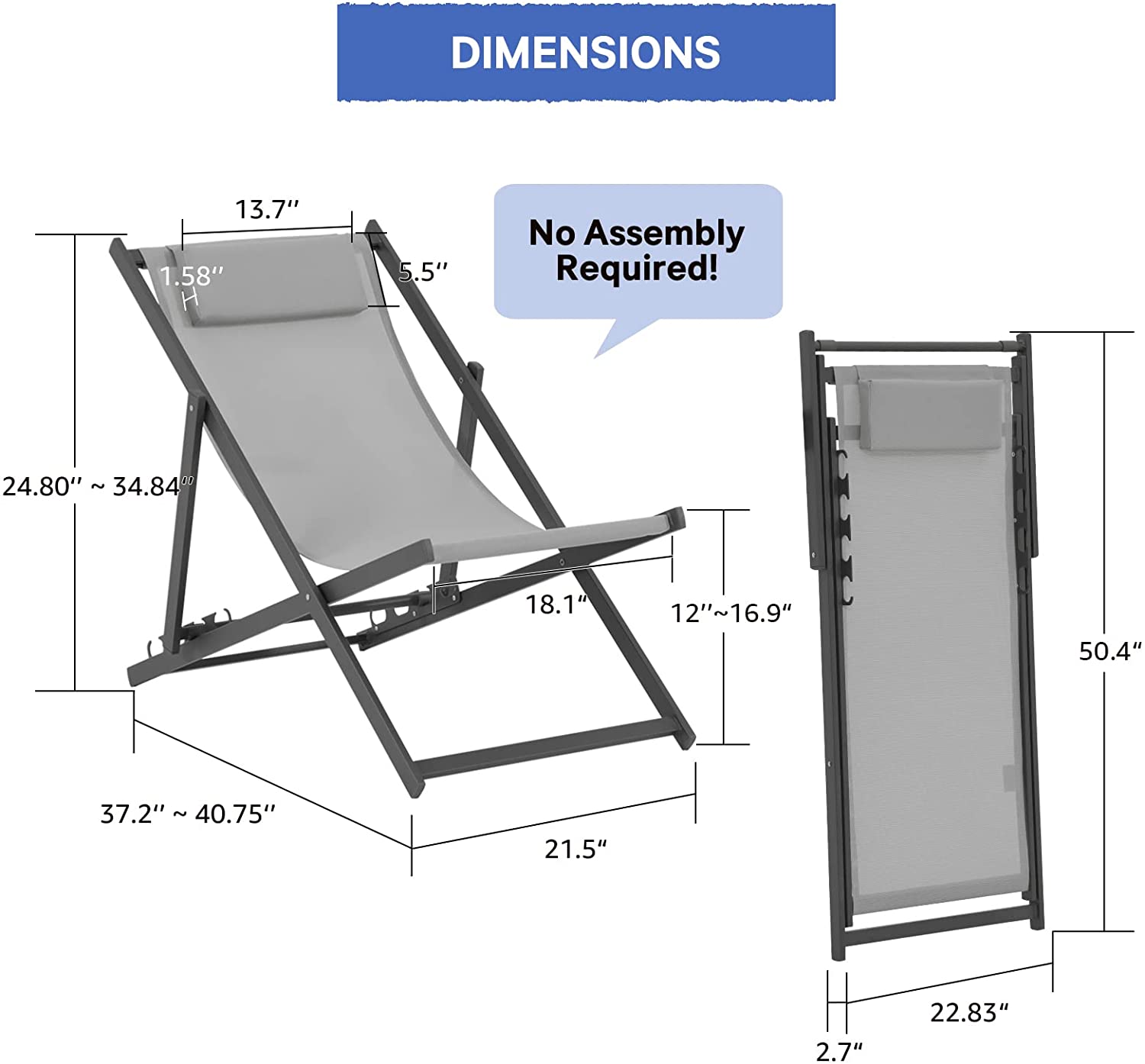 Jardin Outdoor Folding Sling Chair Set of 2 Aluminum Portable Lounge Chair Reclining Beach Chair with Headrest for Deck Beach Pool Garden  Dark Grey & Grey