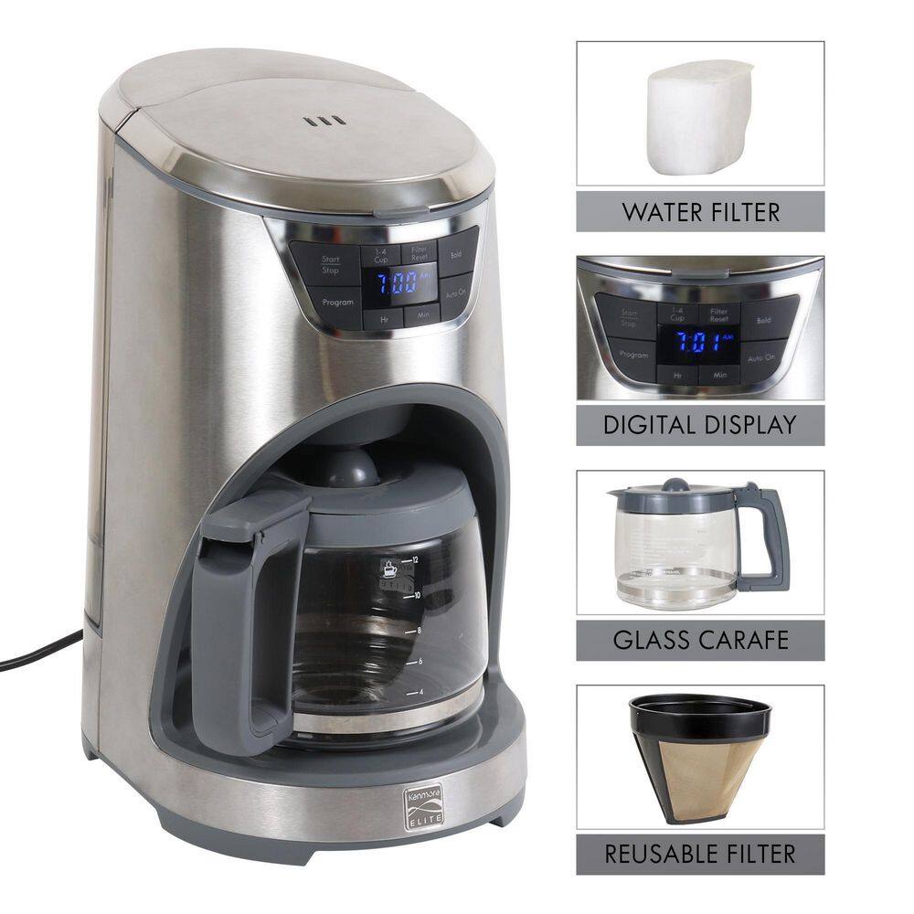 KENMORE Programmable 12- Cup Stainless Steel Drip Coffee Maker Aroma Control Reusable Filter KKECM12SS