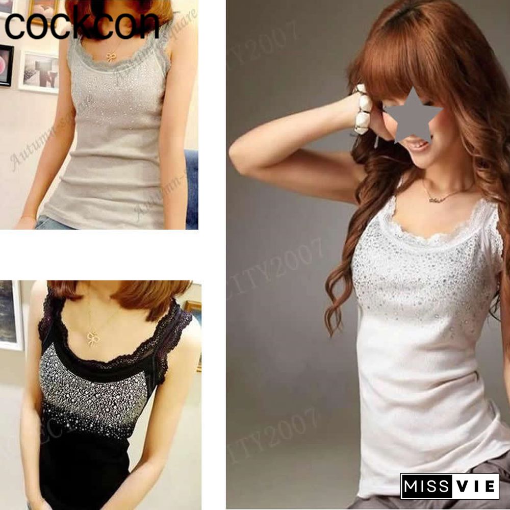 Rhinestone Sequin Lace Tank Tops Camisole For Women Slim Starry Sling Camisole Trendy Fashion Summer Lace Vest