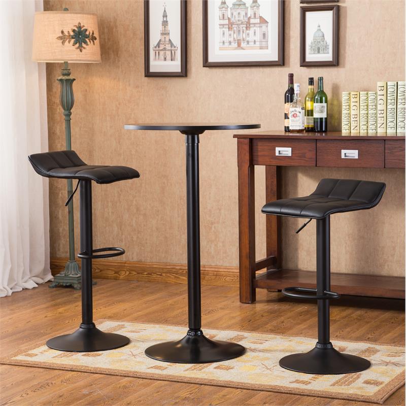 Roundhill Furniture Belham Black Round Top with Black Leg And Base Metal Bar Table and 2 Swivel Black Bonded Leather Adjustable Bar Stool Bar Sets