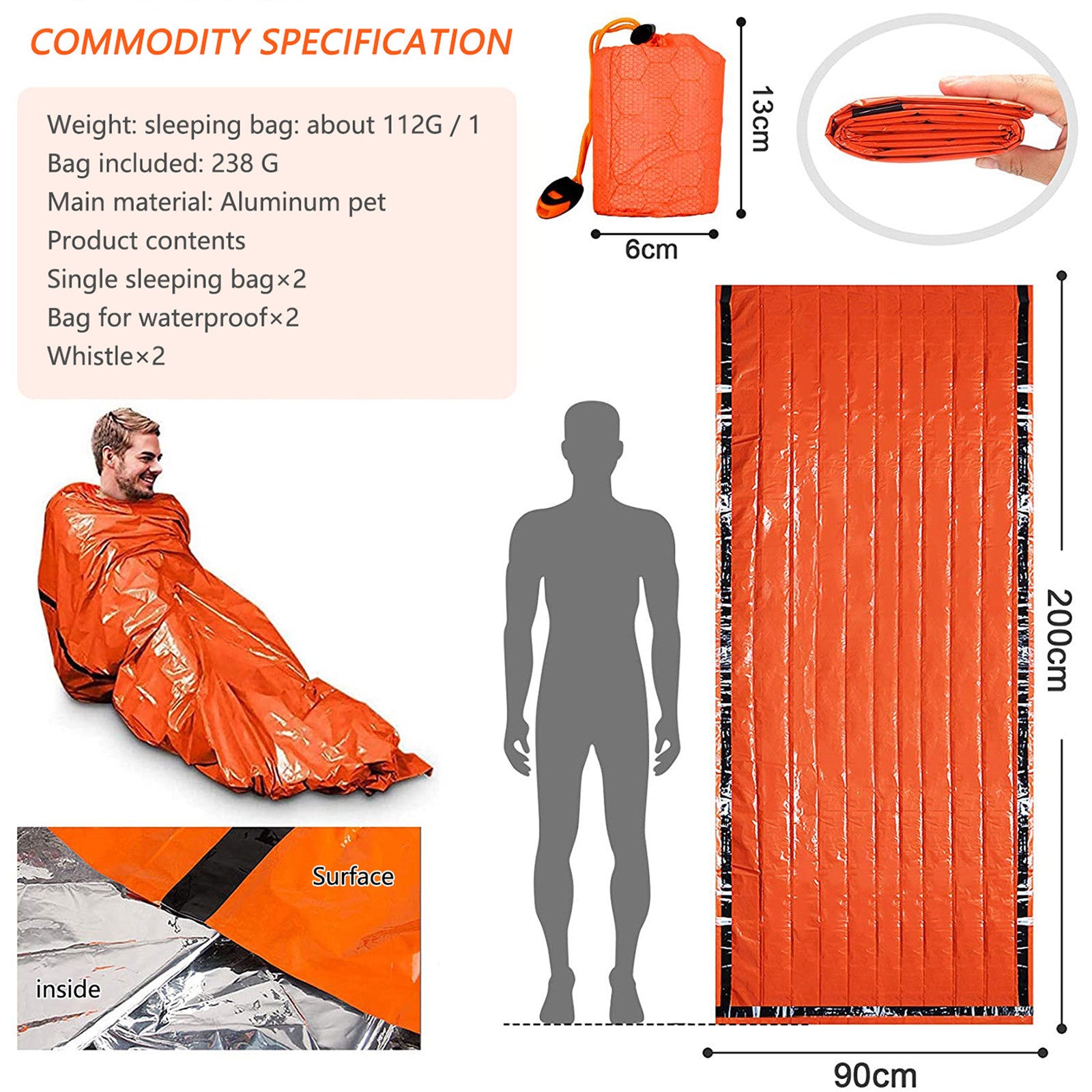 Bzoosio Emergency Sleeping Bag Thermal Waterproof For Outdoor Survival Camping Hiking