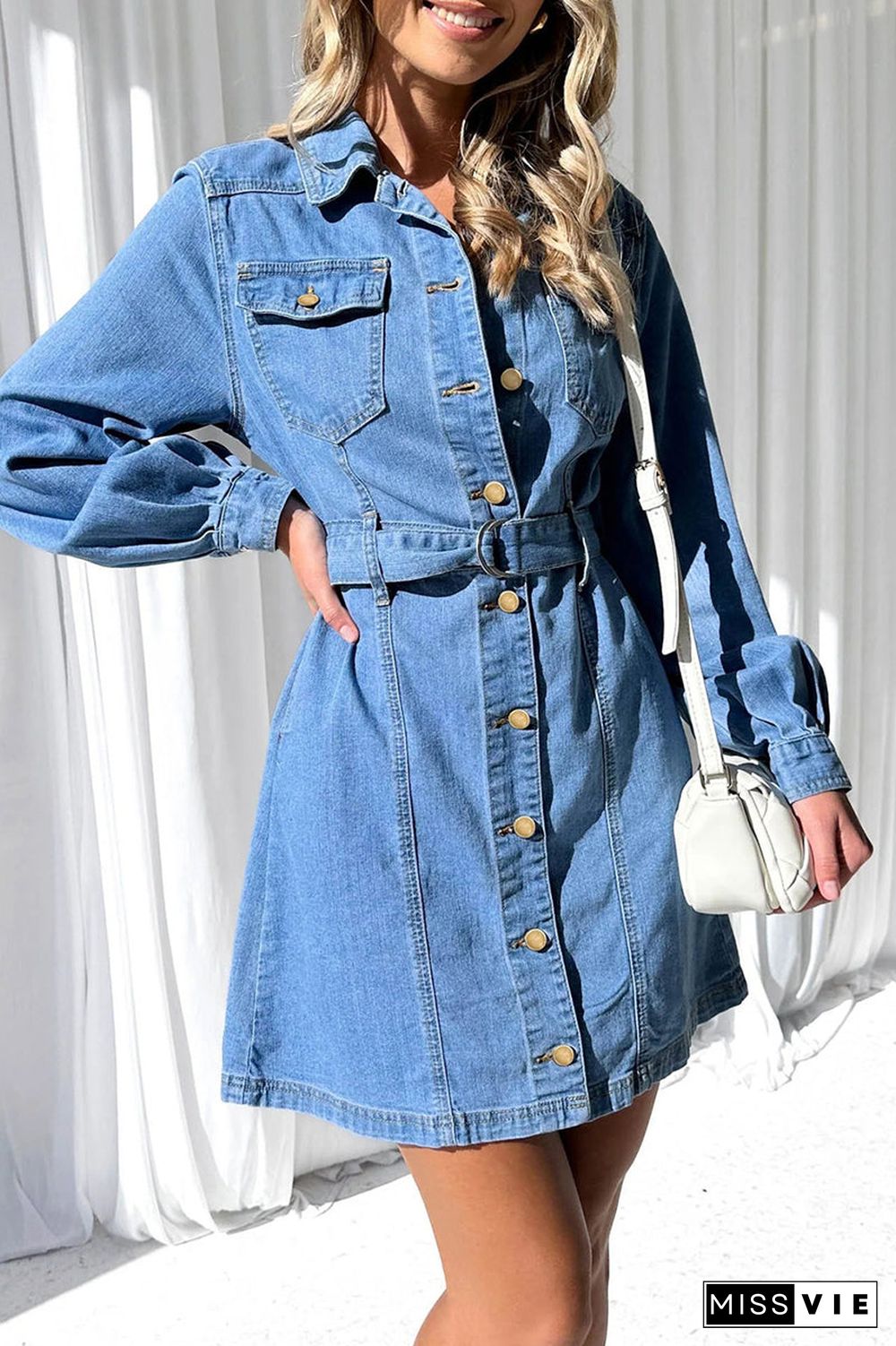 Casual Solid Pocket Buckle With Belt Turndown Collar Long Sleeve Straight Denim Dresses