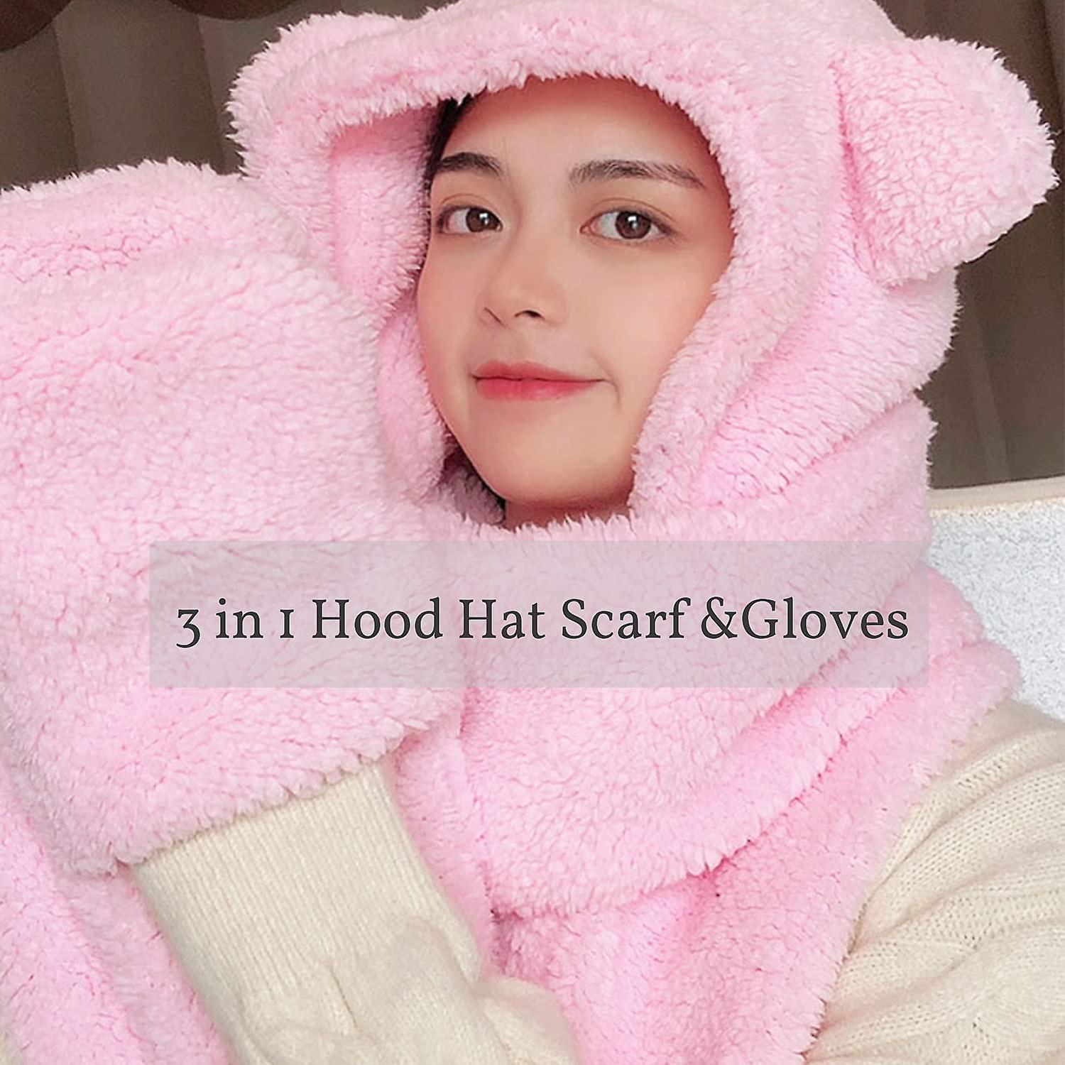 Winter Faux Fur Hood Hat Scarf And Gloves 3 In 1 Hooded Scarf For Women Men Ear Pink -