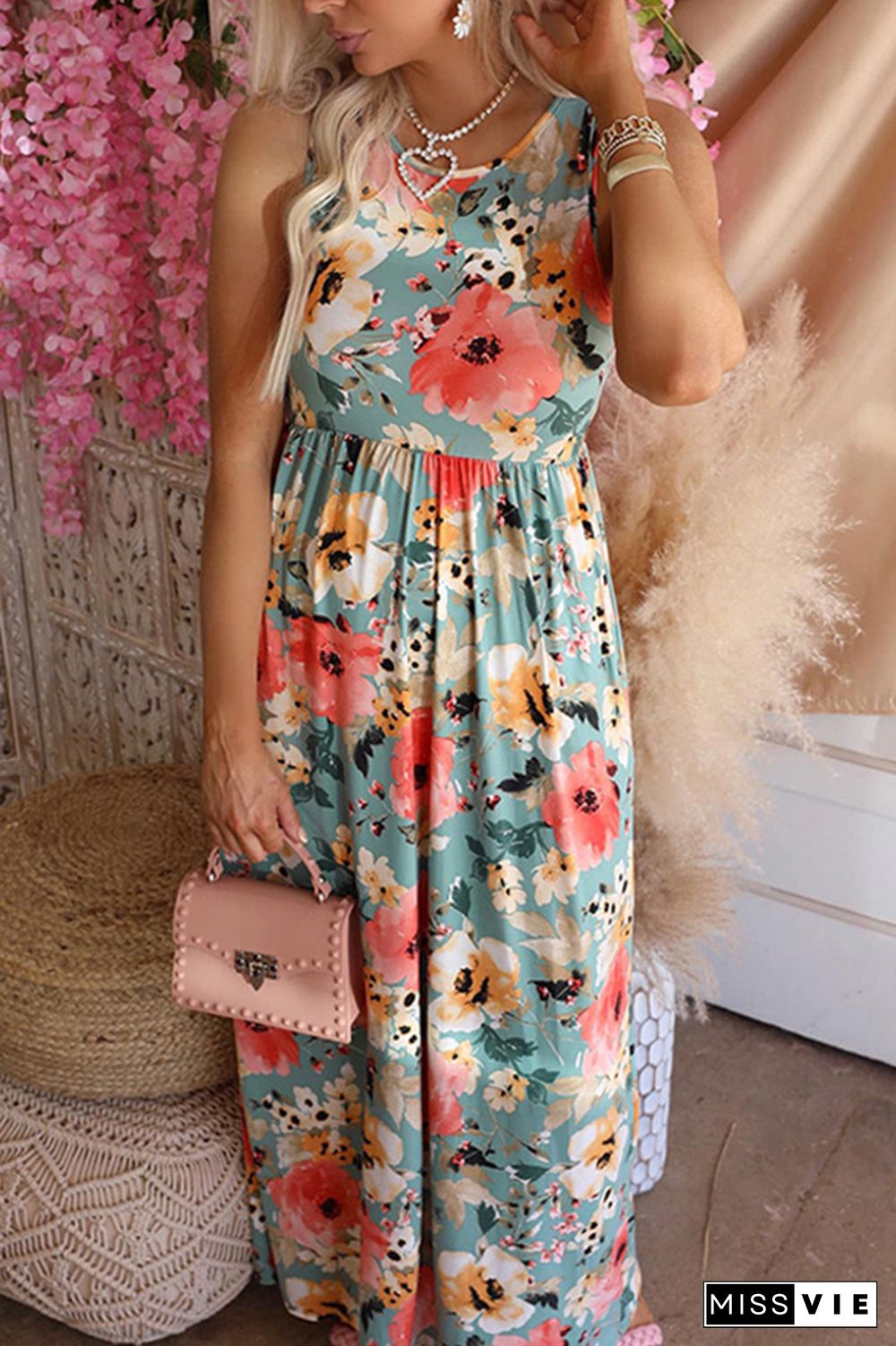 Sleeveless Ruffle Floral Print Maxi Dress