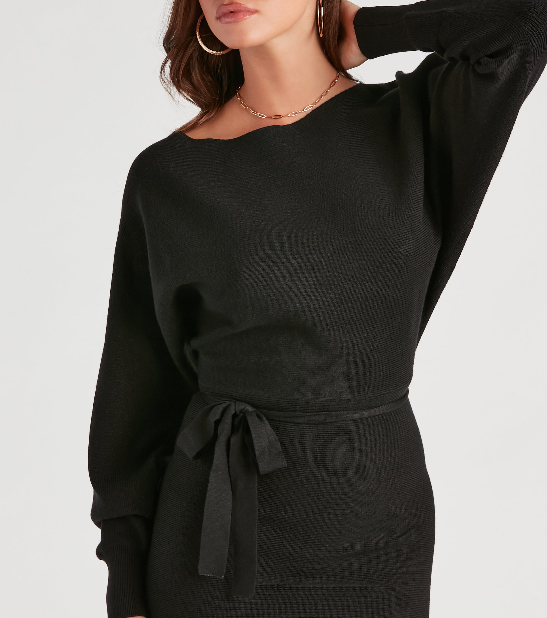 Cold Classic Dolman Sleeve Belted Sweater Dress