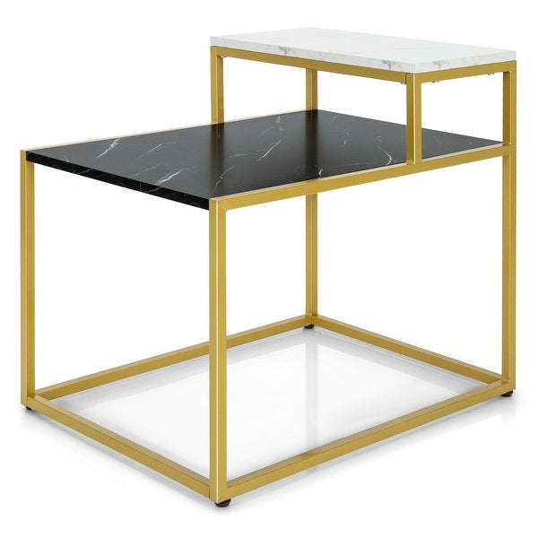 2 Tier End Side Table Metal Frame Nightstand with Storage Shelf