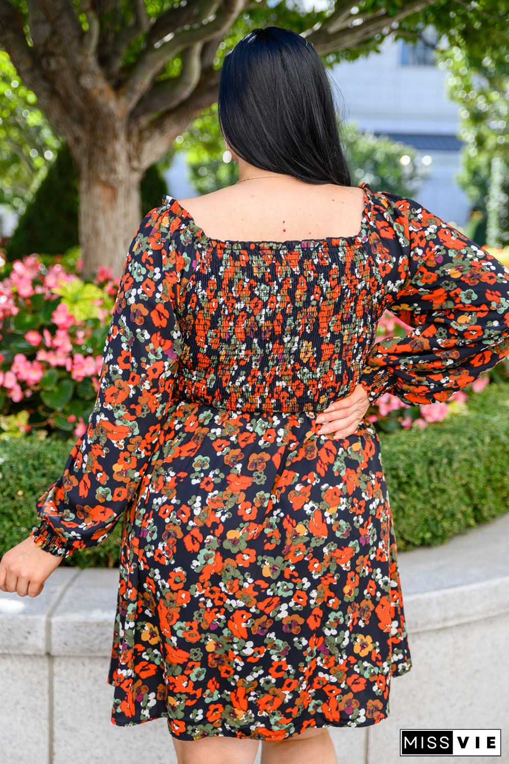 Multicolor Plus Size Smocked Long Sleeve Floral Dress