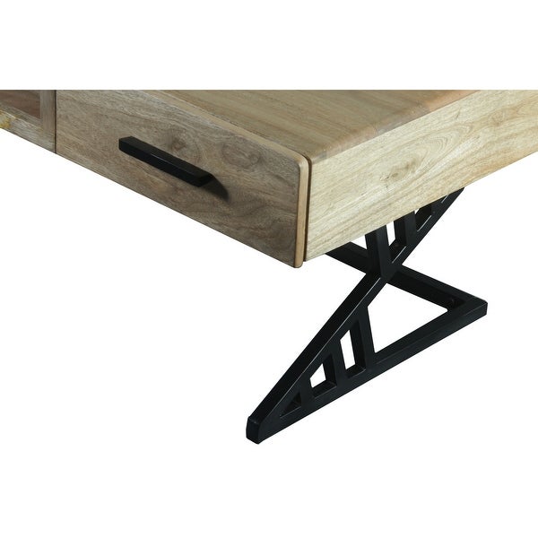 40 Inch Industrial Mango Wood Coffee Table， 1 Drawer， Iron Frame， Light Brown and Black