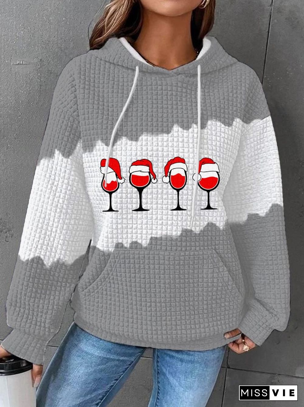 Women's Christmas Wine Glass Print Waffle Hoodie