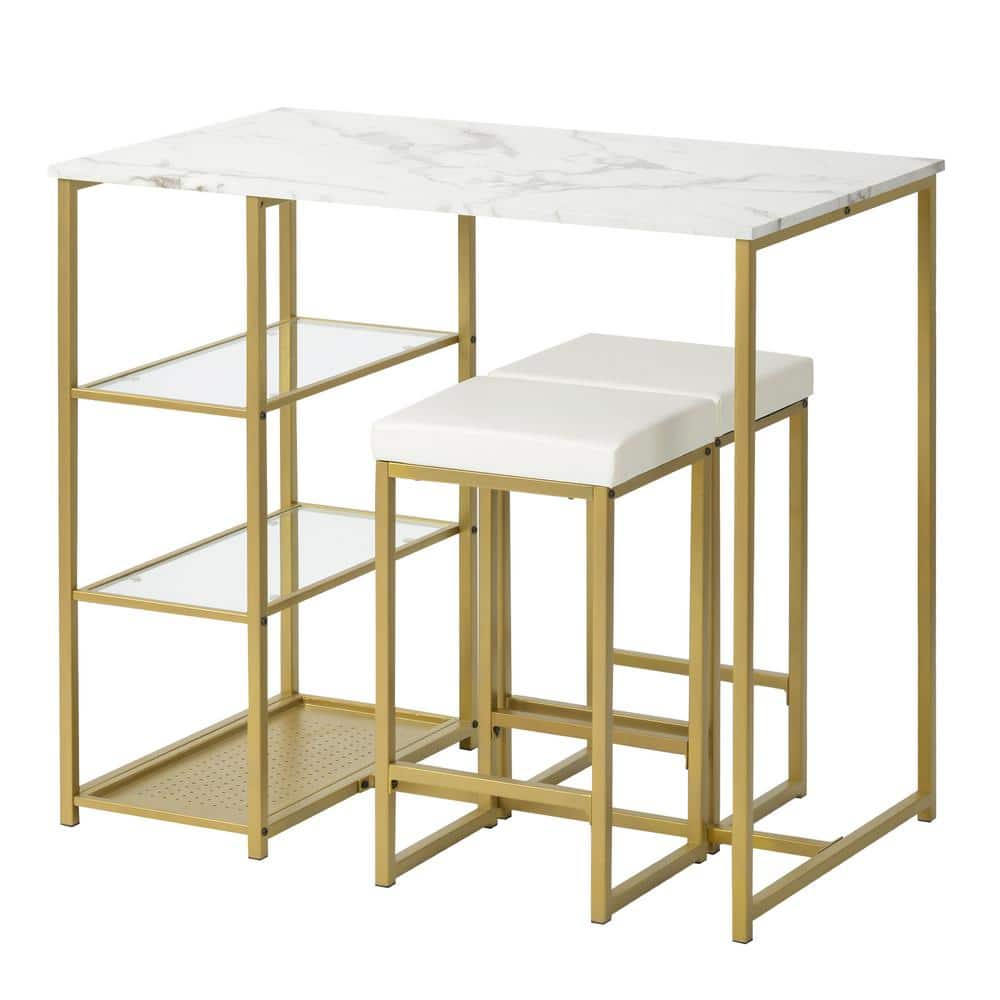 Harper & Bright Designs 36 in. Gold Modern Pub Set with PU Bar Stools (3-Piece) WF194723AAK