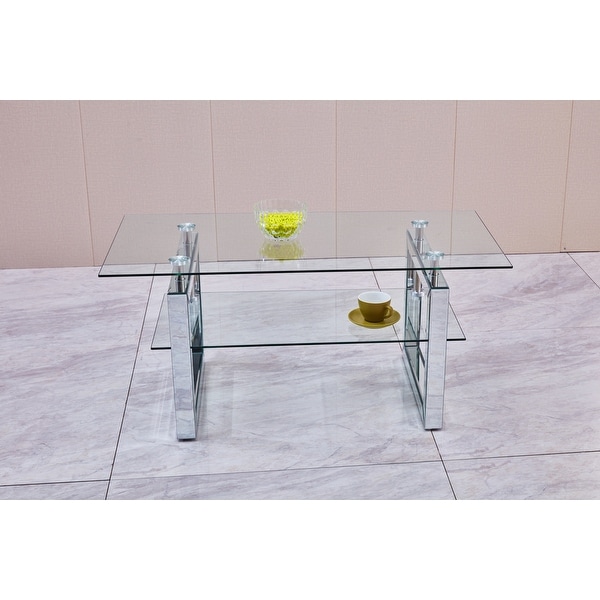 Transparent Tempered Glass Coffee Table with 2-Tier Storage Design， Center Table with Metal Legs for Living Room， Silver