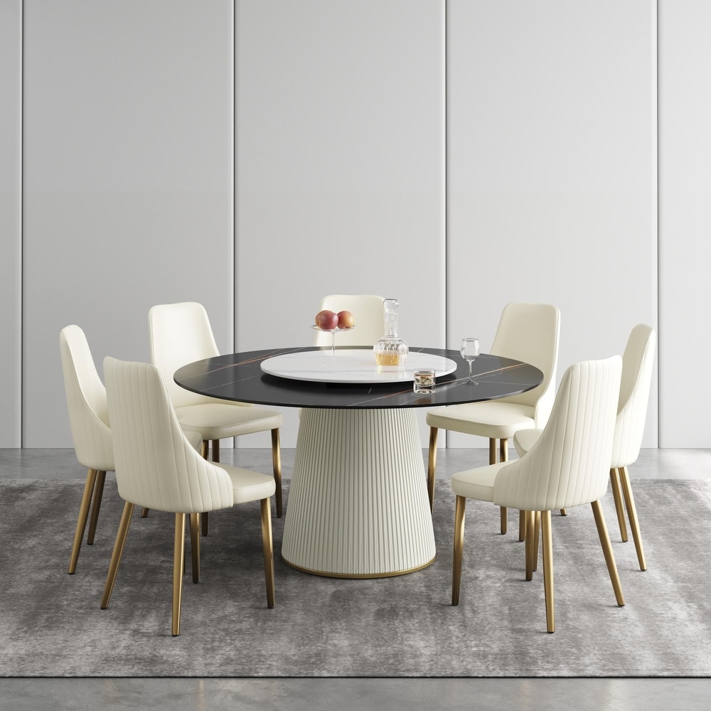 59'' Modern Round Dining Table for 8  Black Sintered Stone Tabletop with Lazy Susan