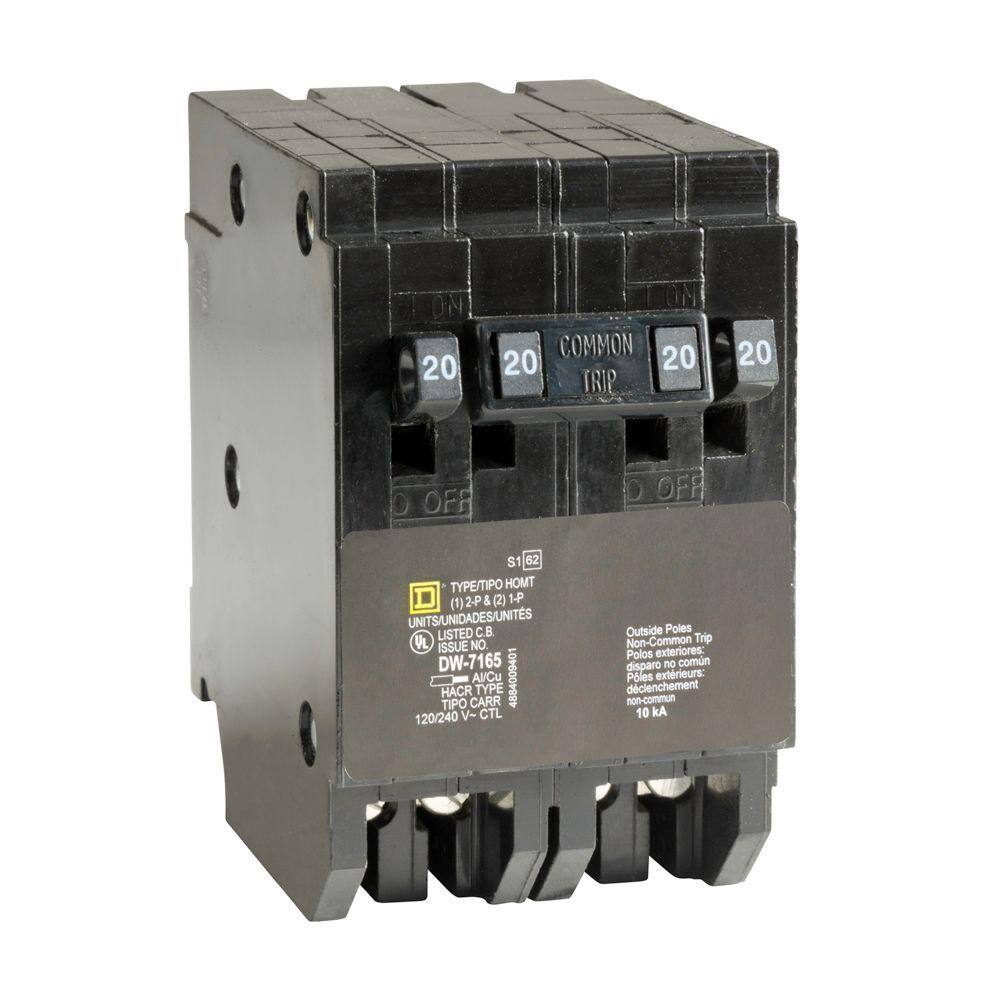 Square D Homeline 2-20 Amp Single-Pole 1-20 Amp 2-Pole Quad Tandem Circuit Breaker HOMT2020220CP