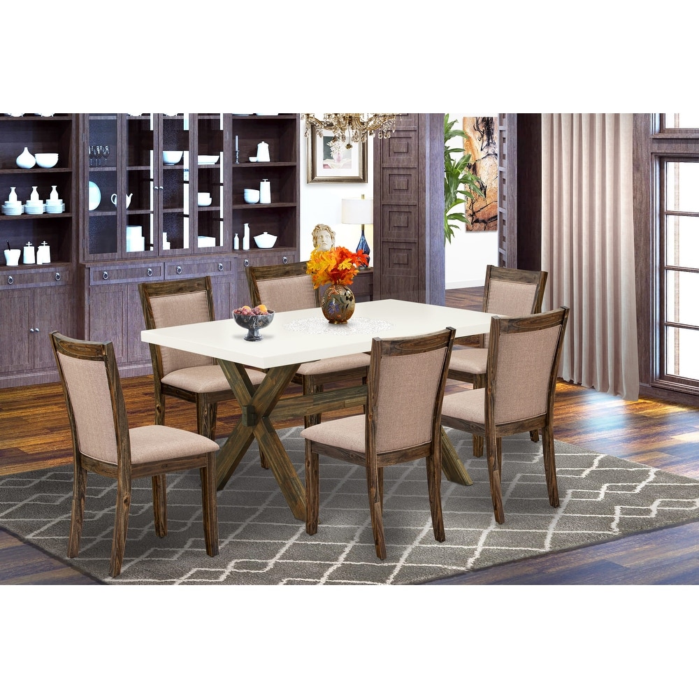 East West Furniture Dinette Set  a Dining Table and Dark Khaki Linen Fabric Chairs  Distressed Jacobean(Pieces Options)