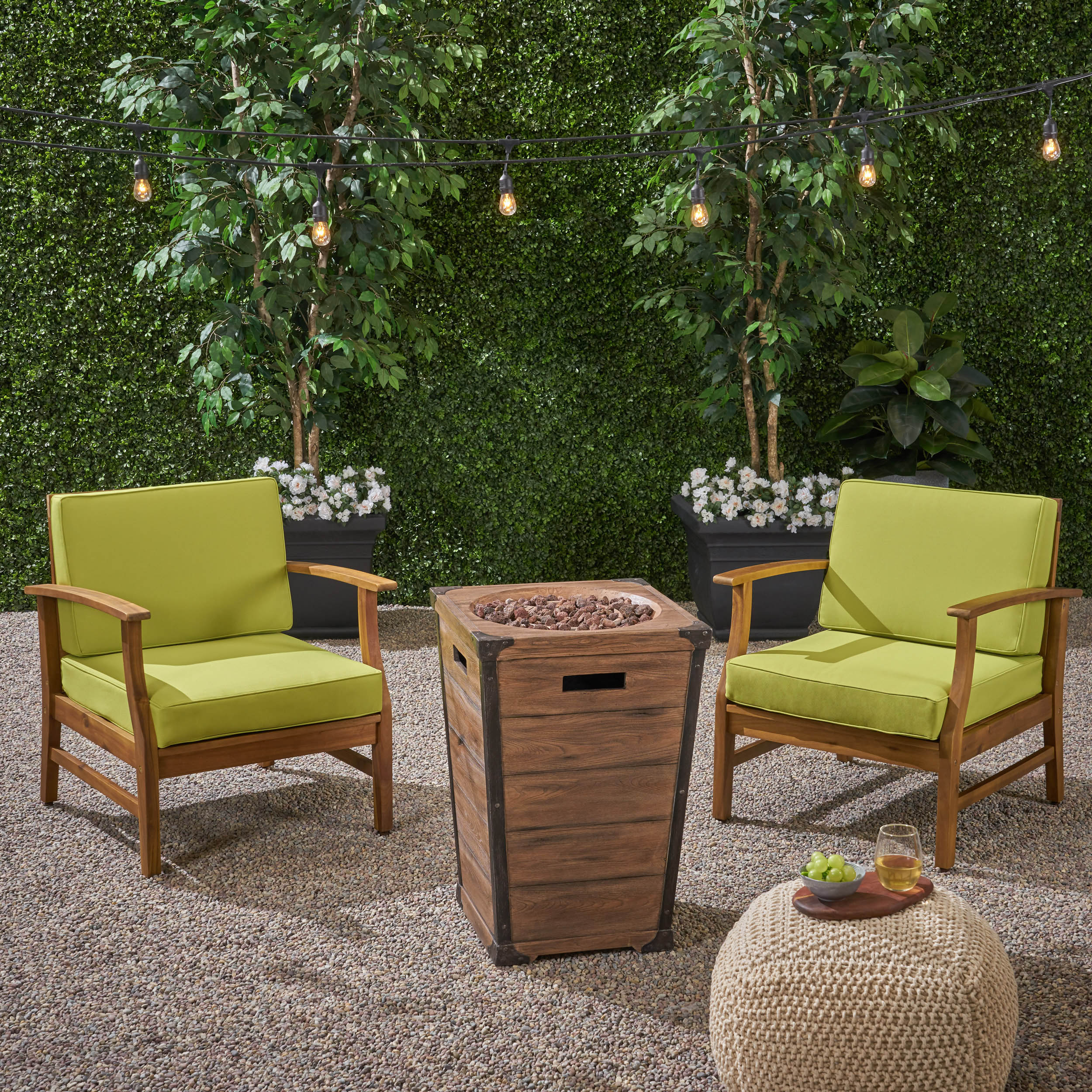 Capri Outdoor 2 Piece Acacia Wood Club Chair Set with Cushions and Fire Column