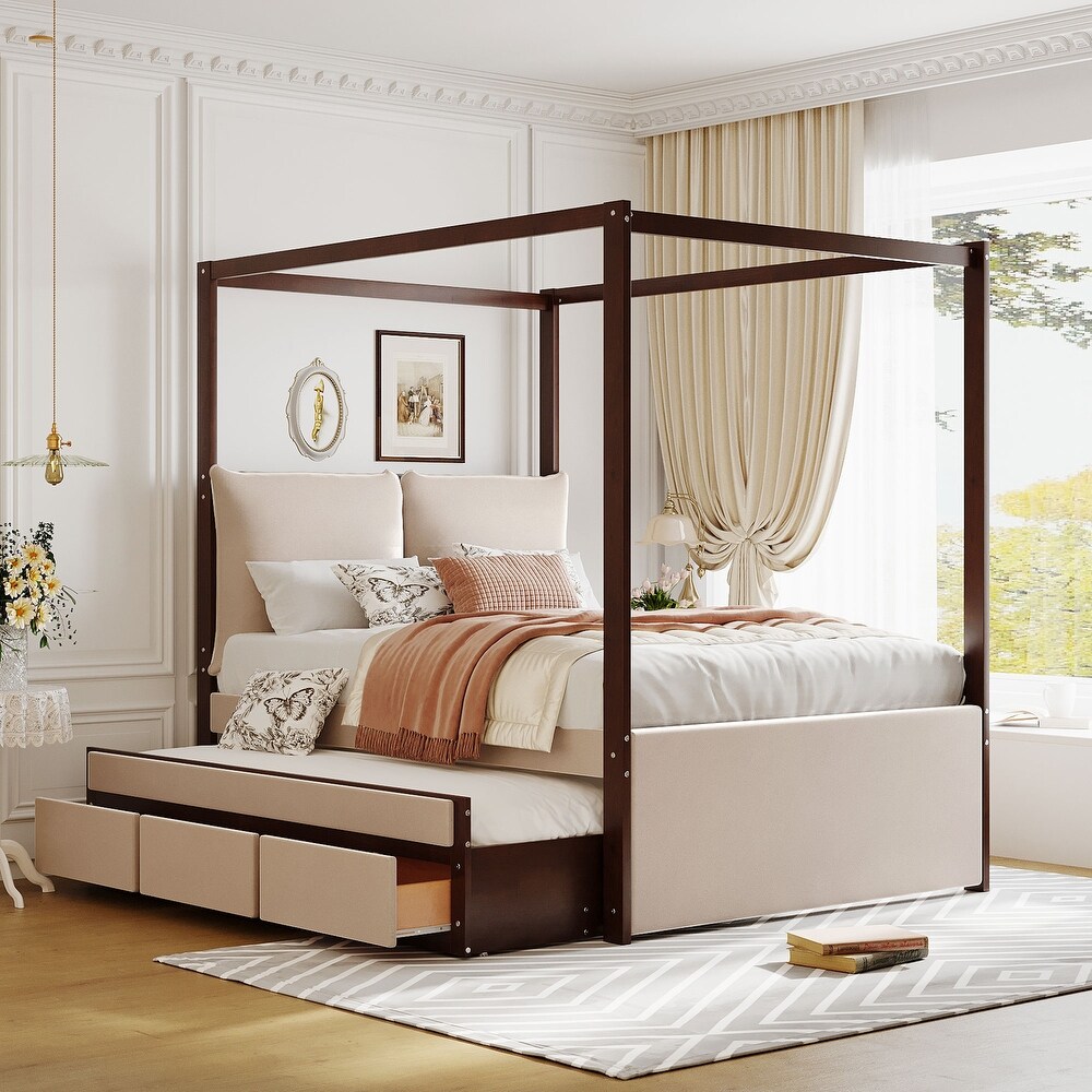 Full Size Canopy Bed Storage Bed with Trundle  Velvet Upholstered Elegance Four Poster Bed Trundle Bed with 3 Drawers