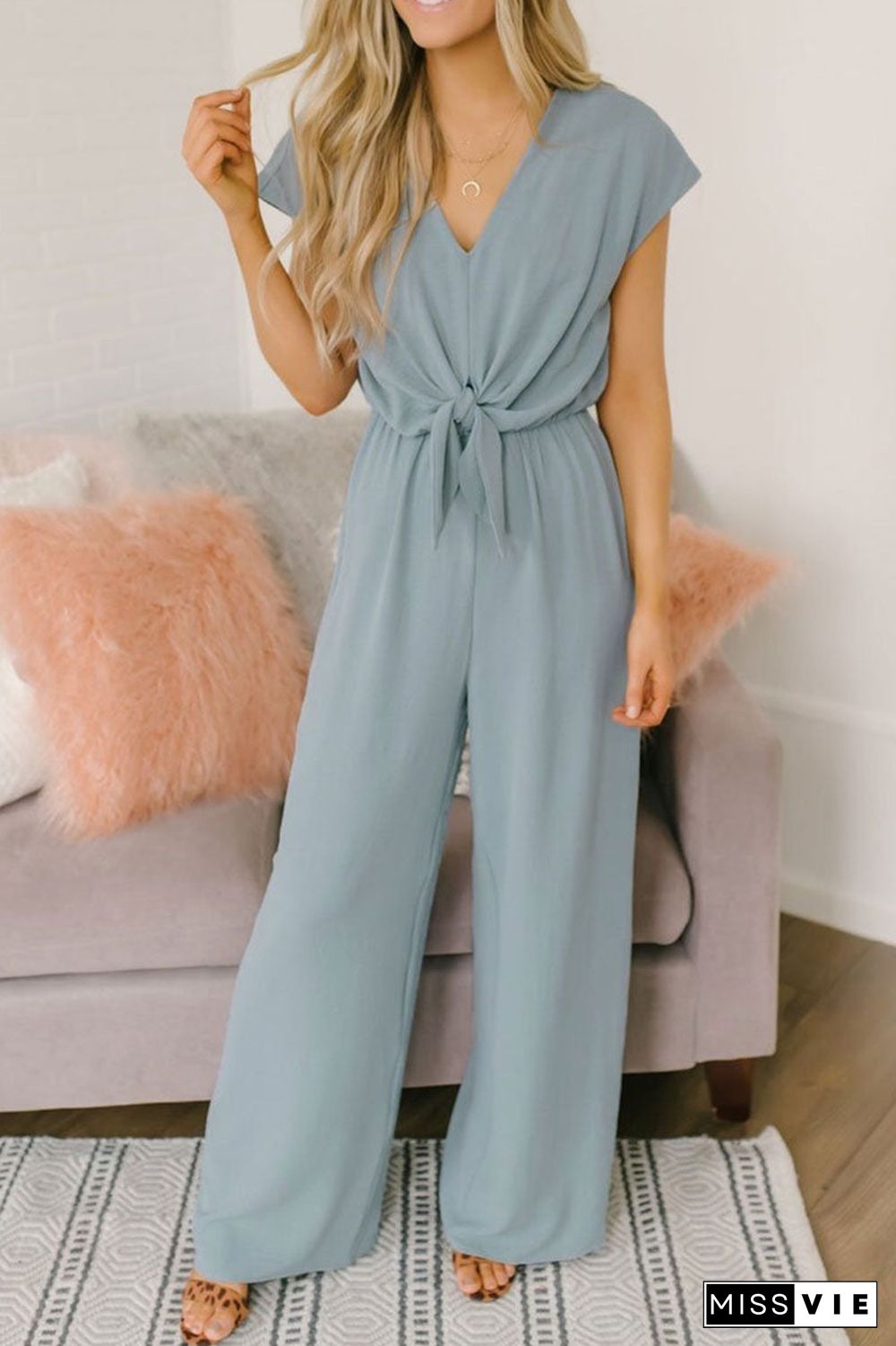 Fashion Street Solid Backless V Neck Loose Jumpsuits