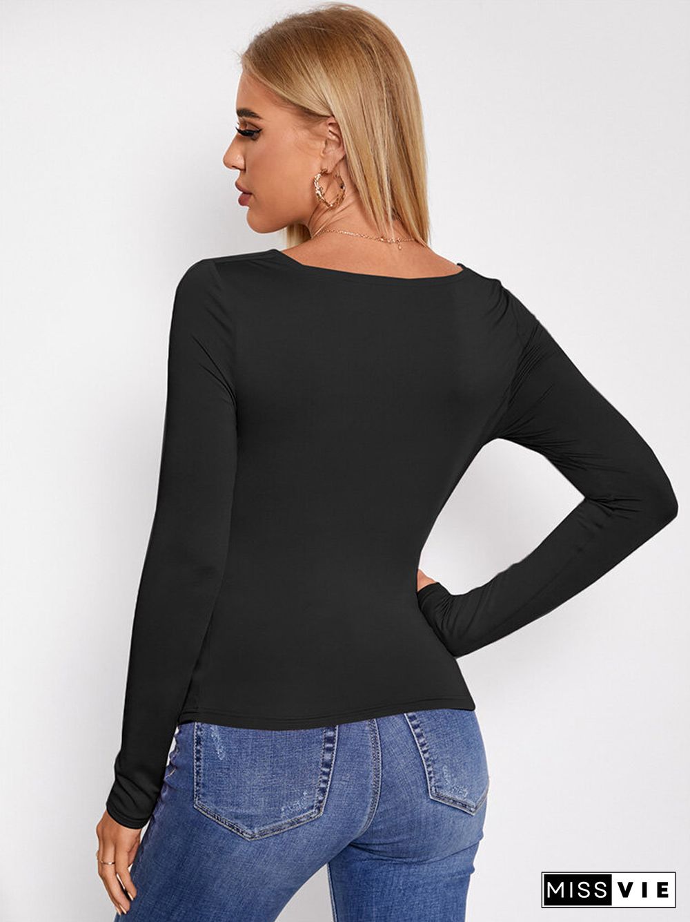 Solid Cowl Neck Long Sleeve Skinny High Elastic T-shirt For Women