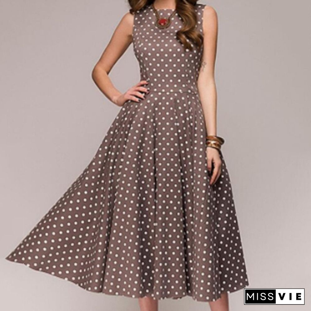 Vintage Polka Dot Swing Party Dresses Women Sleeveless O-neck Elegant Dress Casual Boho Midi Dress