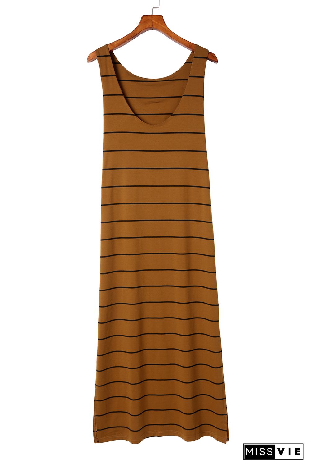 Brown Stripe Print Open Back Sleeveless Maxi Dress with Slits