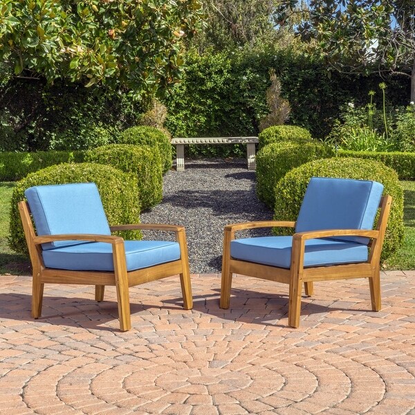 Wilcox Outdoor Wooden Club Chairs with Cushions， Set of 2， Teak Finish， Blue