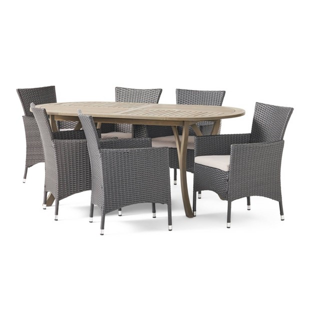 Wyatt 7pc Acacia Wood amp Polyethylene Wicker Patio Dining Set Gray beige Christopher Knight Home