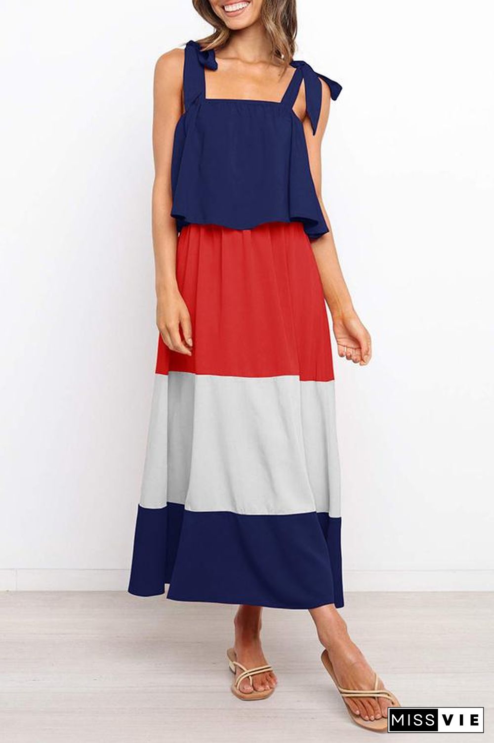 Lace-up Ruffled Colorblock Maxi Dress P13032