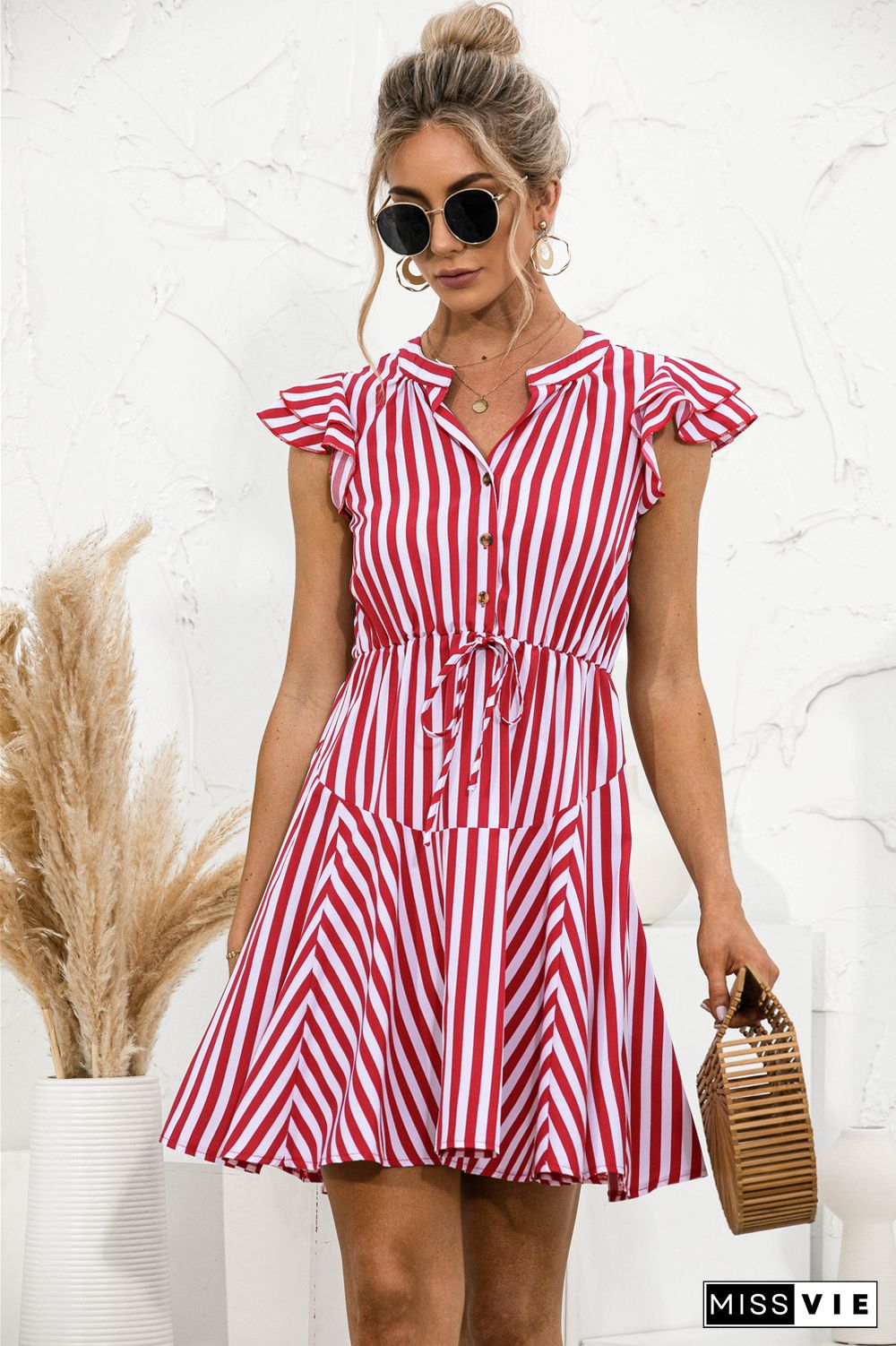 Fashion Striped Button Casual Mini Ruffles Dress Summer A- Sexy V-neck Short Dress For Womens Beach Dress High Street