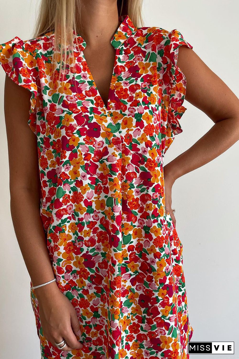 Red Ruffle Sleeve V-Neck Floral Dress