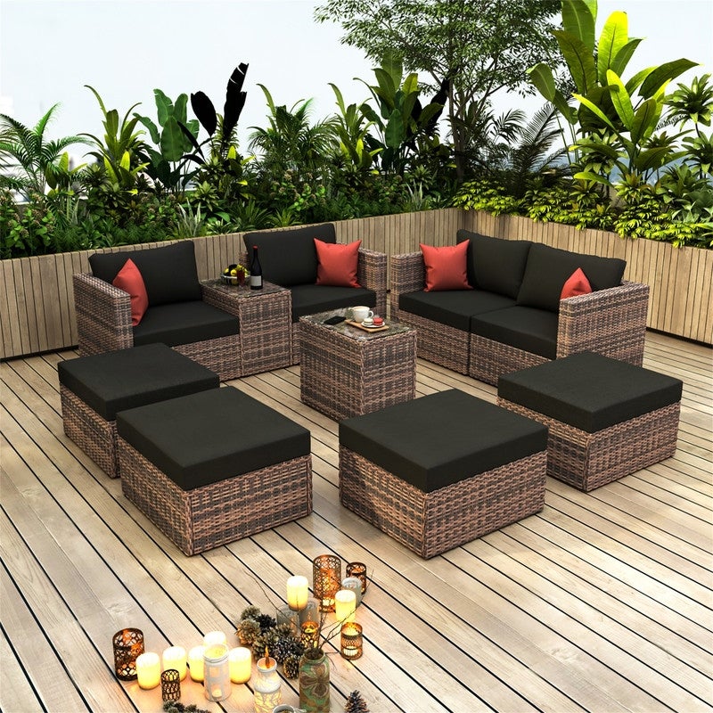 10 Pieces Outdoor Patio Sectional Conversation Sofa Set with Black Cushions and Red Pillows，Furniture Protection Cover - Overstock - 35798012