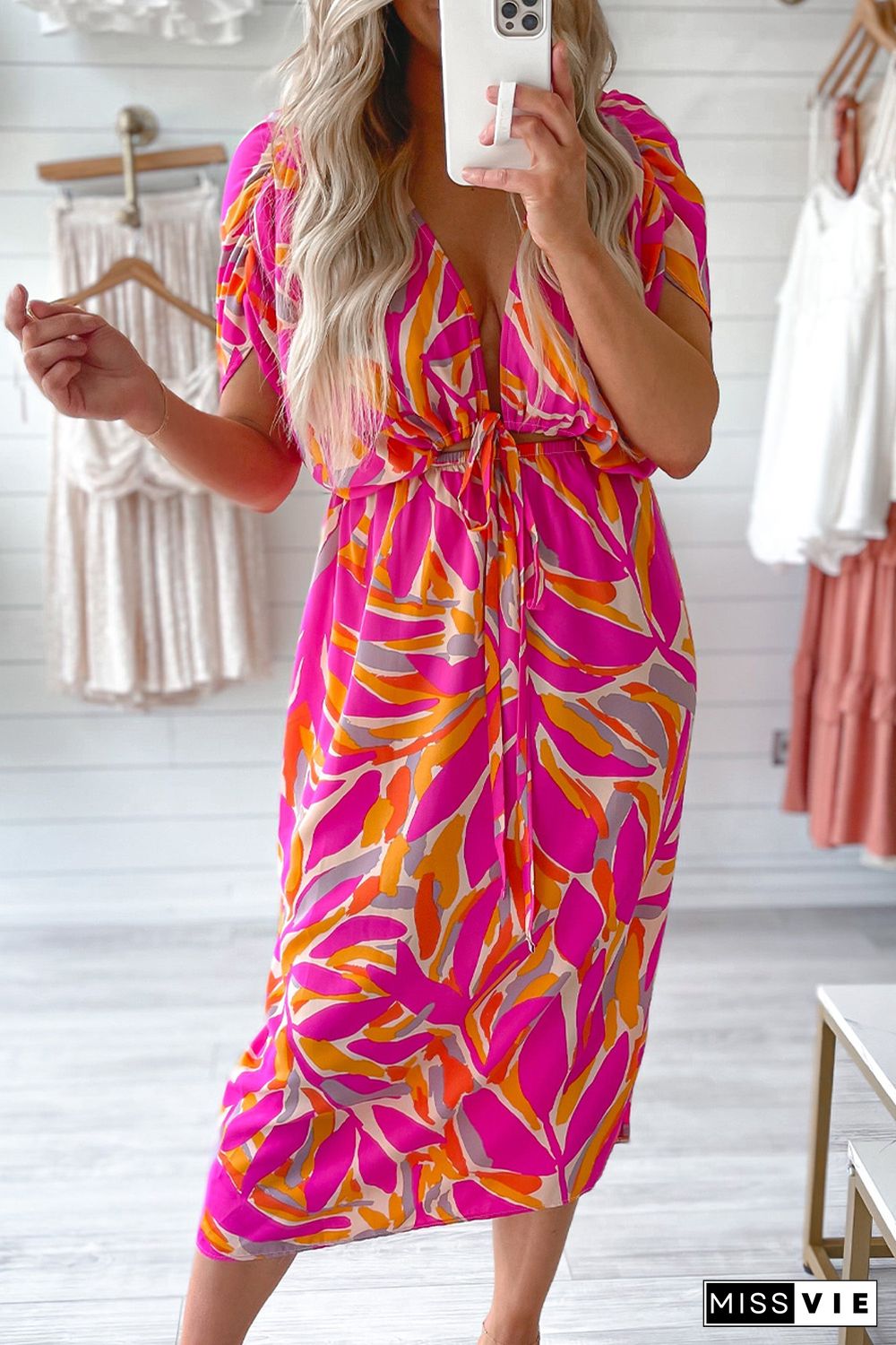 Rose Tropical Leafy Print Drawstring V Neck Midi Dress