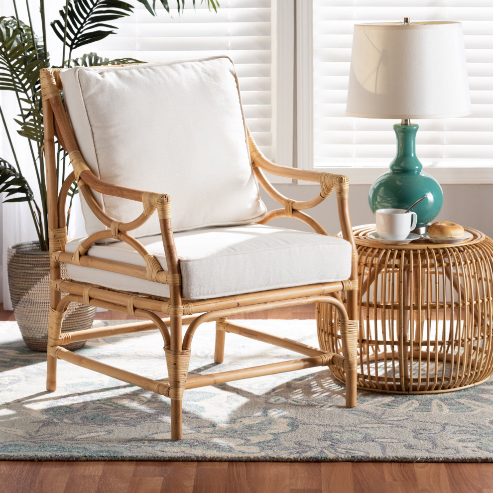 Modern Bohemian Accent Chair  Natural Rattan Frame With White Cushioned Seat   Tropical   Armchairs And Accent Chairs   by Declusia  Houzz