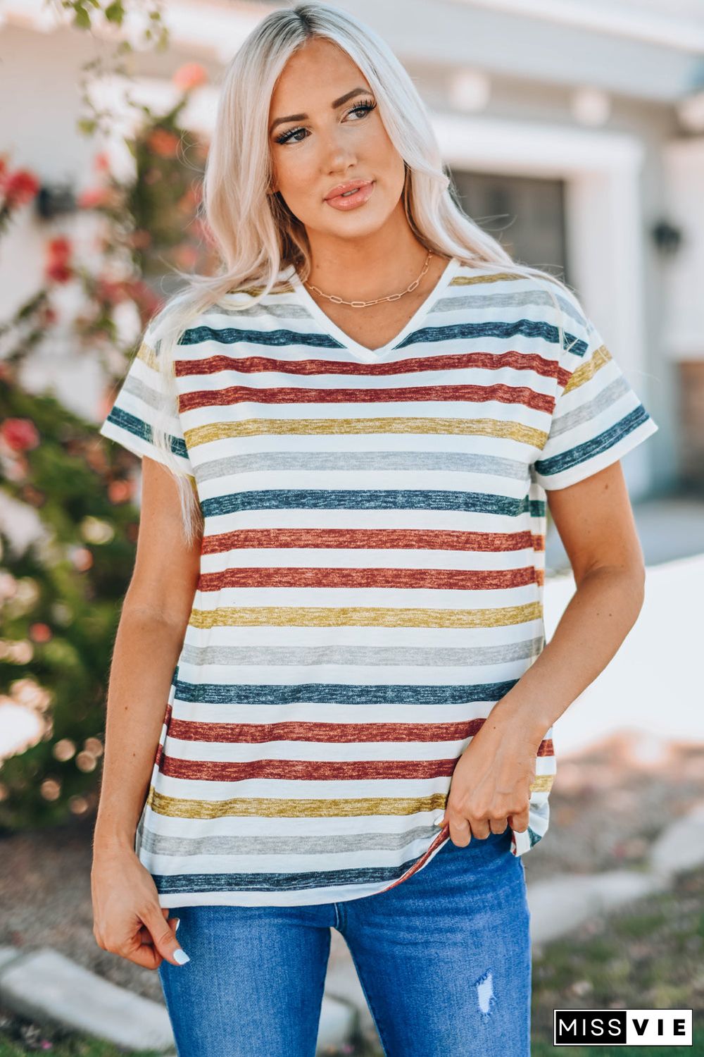 Multicolor Stripes V Neck T-Shirt