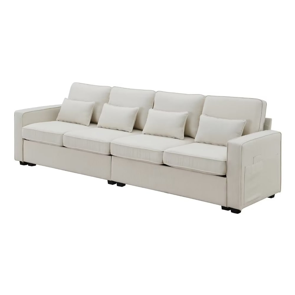 4 Seater Modern Linen Fabric Sofa with Armrest Pockets and 4 Pillows   9'5\