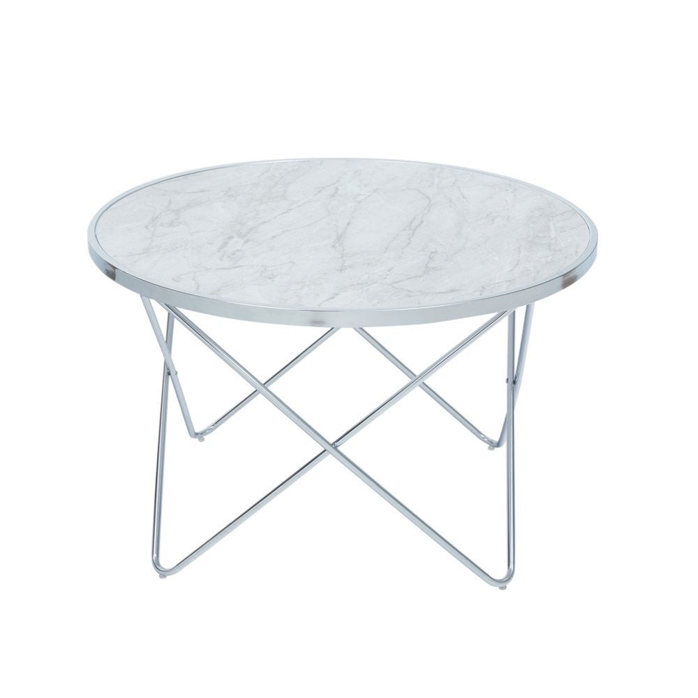 Margo Small Round Faux White Carrara Marble Coffee Table， White